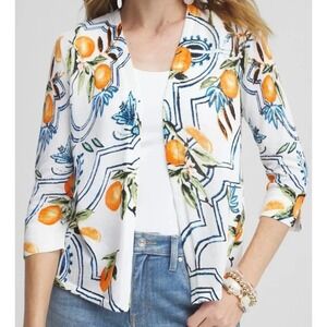 Chico's 2 Open Front Cardigan Women L 12/14 White Orange Fruit 3/4 Sleeve EUC